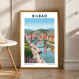 Bilbao Riverside Art Print Colorful Basque Cityscape Illustration - thumbnail 1