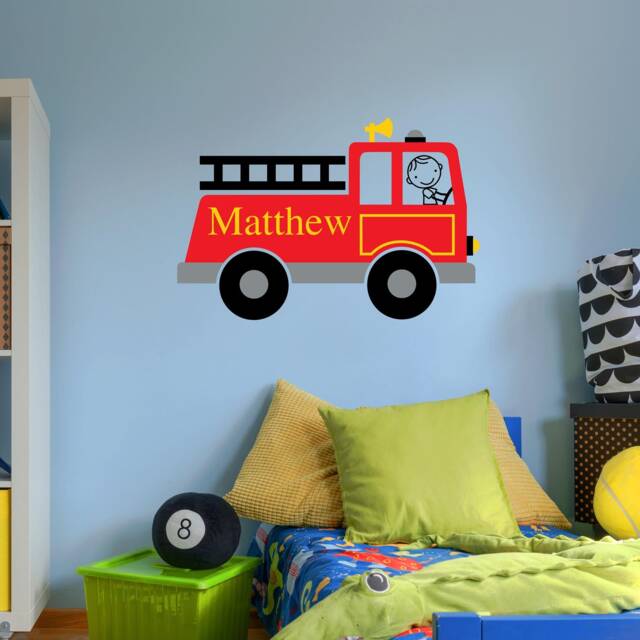 Firetruck Wall Decal Personalized - Boy Name Fireman Vinyl Fire Truck Sticker - image 1