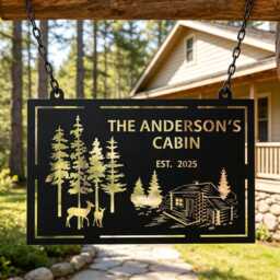 Personalized Name Forest Deer Log Cabin Metal Plaque, Rustic Mountain Outdoor Wall Decor, Housewarming Gift For Owners - thumbnail 2