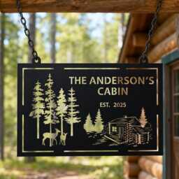 Personalized Name Forest Deer Log Cabin Metal Plaque, Rustic Mountain Outdoor Wall Decor, Housewarming Gift For Owners - thumbnail 1