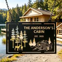Personalized Name Forest Deer Log Cabin Metal Plaque, Rustic Mountain Outdoor Wall Decor, Housewarming Gift For Owners - thumbnail 4