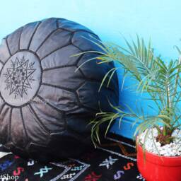 Handmade Black Leather Moroccan Pouf Ottoman Round Floor Pillow - thumbnail 2