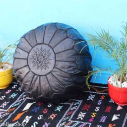 Handmade Black Leather Moroccan Pouf Ottoman Round Floor Pillow - thumbnail 3
