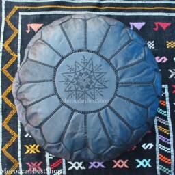 Handmade Black Leather Moroccan Pouf Ottoman Round Floor Pillow - thumbnail 4