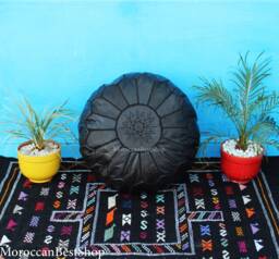 Handmade Black Leather Moroccan Pouf Ottoman Round Floor Pillow