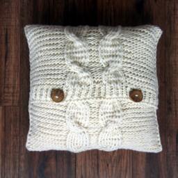Handknitted Cable Knit Pillow Cover Cream White Wool, Wooden Buttons - 18x18 - thumbnail 3