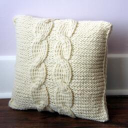 Handknitted Cable Knit Pillow Cover Cream White Wool, Wooden Buttons - 18x18 - thumbnail 4