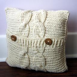 Handknitted Cable Knit Pillow Cover Cream White Wool, Wooden Buttons - 18x18 - thumbnail 2
