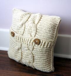 Handknitted Cable Knit Pillow Cover Cream White Wool, Wooden Buttons - 18x18