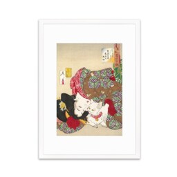 Japanese Art Geisha Cat Framed Mounted Ukiyo-E Wall Decor Print Poster Woodblock Yoshitoshi Kyoto Maiko Neko Kimono Tattoo Cute Beautiful A2 - thumbnail 3