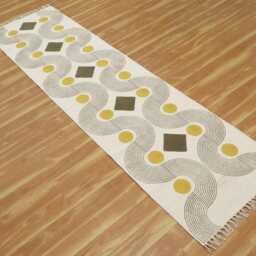 Block Printed Cotton Runner Rug, Yellow Beige, Handmade - thumbnail 3
