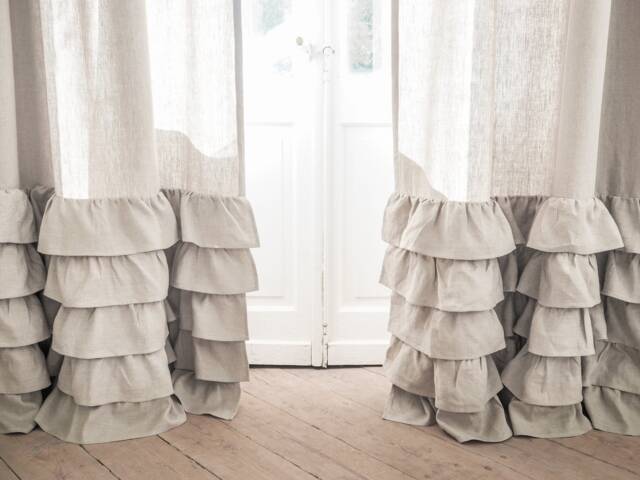 Ruffled Heavy Linen Curtain Panel, Rod Pocket Style, 280G/M2 - image 1