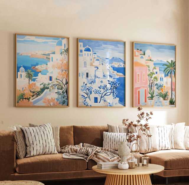 Set Of 3 Santorini Greece Travel Posters, Greek Island Art Prints, Print, Mediterranean Wall Art, Poster Decor - image 1