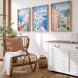 Set Of 3 Santorini Greece Travel Posters, Greek Island Art Prints, Print, Mediterranean Wall Art, Poster Decor - thumbnail 3