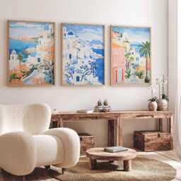 Set Of 3 Santorini Greece Travel Posters, Greek Island Art Prints, Print, Mediterranean Wall Art, Poster Decor - thumbnail 2