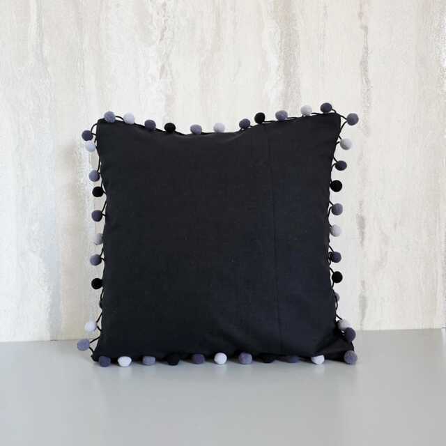 Black Pompom Cushion~Multi Coloured Pom Pillow~Livingroom Decor~Office Decoration~Black Cushion~Grey Pompoms - image 1