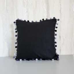 Black Pompom Cushion~Multi Coloured Pom Pillow~Livingroom Decor~Office Decoration~Black Cushion~Grey Pompoms