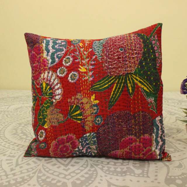 Handmade Red Kantha Pillow Cover 24x24 Boho Floral Cushion - image 1