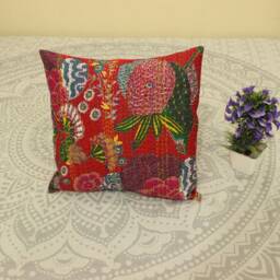 Handmade Red Kantha Pillow Cover 24x24 Boho Floral Cushion - thumbnail 3