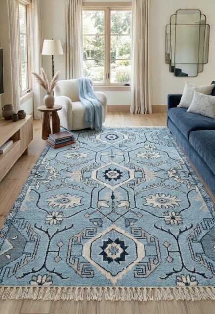 Hand Knotted Wool Oushak Rug, Light Blue Floral Living Room Area Rug - image 1