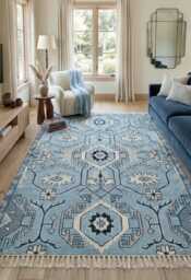Hand Knotted Wool Oushak Rug, Light Blue Floral Living Room Area Rug - thumbnail 1