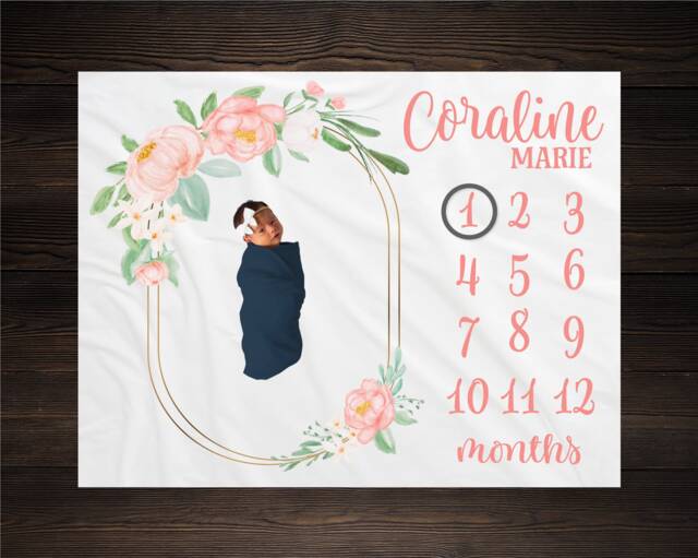 Pink Floral Milestone Blanket, Baby Month Girl Blanket Track Growth Keepsake Shower Gift Peony - image 1