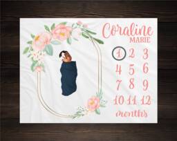 Pink Floral Milestone Blanket, Baby Month Girl Blanket Track Growth Keepsake Shower Gift Peony - thumbnail 1