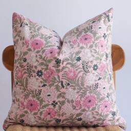 Block Print Pillow Cover Pink Floral Botanical Design - thumbnail 2