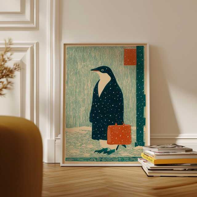 Penguin Art Print, Retro Japanese Line Art, Whimsical Animal Illustration - image 1