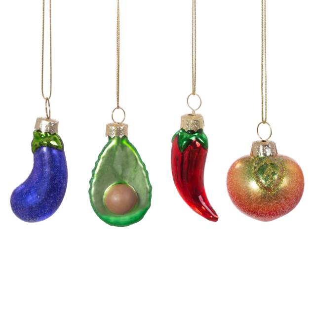Mini Fruit & Veg Glass Christmas Tree Hanging Decorations - Festive Winter Food Foodie Chef Aubergine Chilli Avocado Eggplant Peach