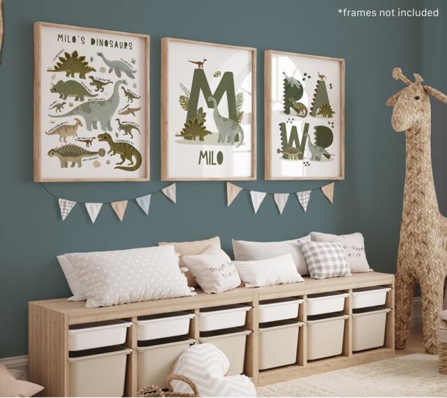 Set Of 3 Dinosaur Posters, Personalised Green Name Print, Chart Bedroom Decor, Playroom Prints - image 1