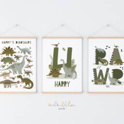 Set Of 3 Dinosaur Posters, Personalised Green Name Print, Chart Bedroom Decor, Playroom Prints - thumbnail 3
