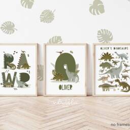 Set Of 3 Dinosaur Posters, Personalised Green Name Print, Chart Bedroom Decor, Playroom Prints - thumbnail 2