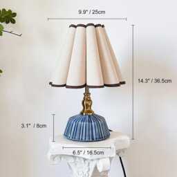 Handmade Classic Navy Ceramic Table Lamp 110-250V, Pleated Scallop Linen Brown Trim Petal Shade, Bedroom Living Room Kitchen Neutral Decor - thumbnail 2