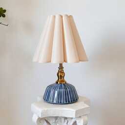Handmade Classic Navy Ceramic Table Lamp 110-250V, Pleated Scallop Linen Brown Trim Petal Shade, Bedroom Living Room Kitchen Neutral Decor - thumbnail 3