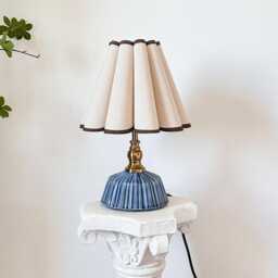 Handmade Classic Navy Ceramic Table Lamp 110-250V, Pleated Scallop Linen Brown Trim Petal Shade, Bedroom Living Room Kitchen Neutral Decor - thumbnail 1