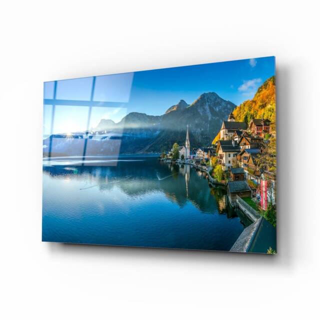 Hallstatt Lake View Glass Wall Art - Scenic Village & Mountain Print - image 1