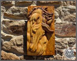 Hand-Carved Wooden Horse Portrait - Solid Wood Relief Wall Decor - thumbnail 1