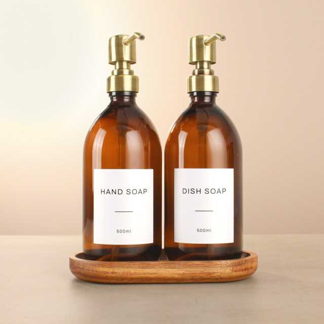 Acacia Tray & Amber Glass Dispenser Set - Labelled Refillable Bottle With Gold Pump & Label - For Shampoo, Hand Soap, Cream, Body Wash - image 1