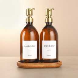 Acacia Tray & Amber Glass Dispenser Set - Labelled Refillable Bottle With Gold Pump & Label - For Shampoo, Hand Soap, Cream, Body Wash - thumbnail 1