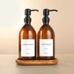Acacia Tray & Amber Glass Dispenser Set - Labelled Refillable Bottle With Gold Pump & Label - For Shampoo, Hand Soap, Cream, Body Wash - thumbnail 2