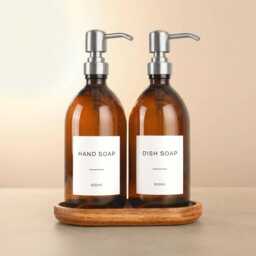 Acacia Tray & Amber Glass Dispenser Set - Labelled Refillable Bottle With Gold Pump & Label - For Shampoo, Hand Soap, Cream, Body Wash - thumbnail 3