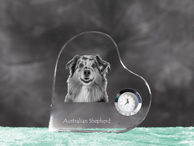 Australian Shepherd - Crystal Clock in The Shape Of A Heart With Image Pure-Bred Dog - image 1