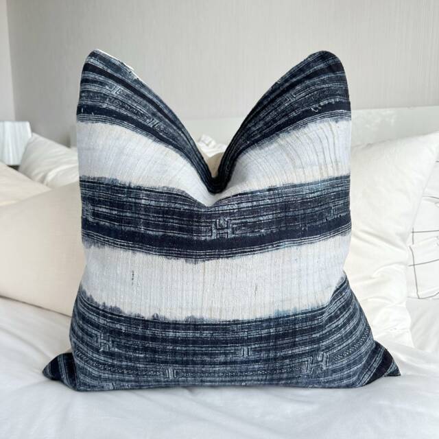 Indigo Hemp Pillow Cover. Hand Block Print Fabric. Vintage Textile. Cushion Cover - image 1