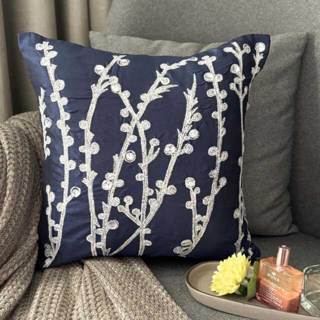 Navy Blue Art Silk, Zardozi, Crystal, Nature & Floral Pattern, Contemporary Throw Pillow Cover/Euro Sham - Willow - image 1
