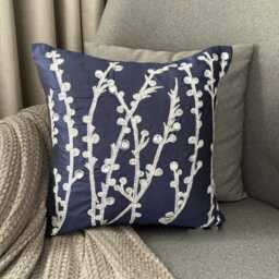 Navy Blue Art Silk, Zardozi, Crystal, Nature & Floral Pattern, Contemporary Throw Pillow Cover/Euro Sham - Willow - thumbnail 3