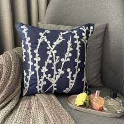 Navy Blue Art Silk, Zardozi, Crystal, Nature & Floral Pattern, Contemporary Throw Pillow Cover/Euro Sham - Willow - thumbnail 2