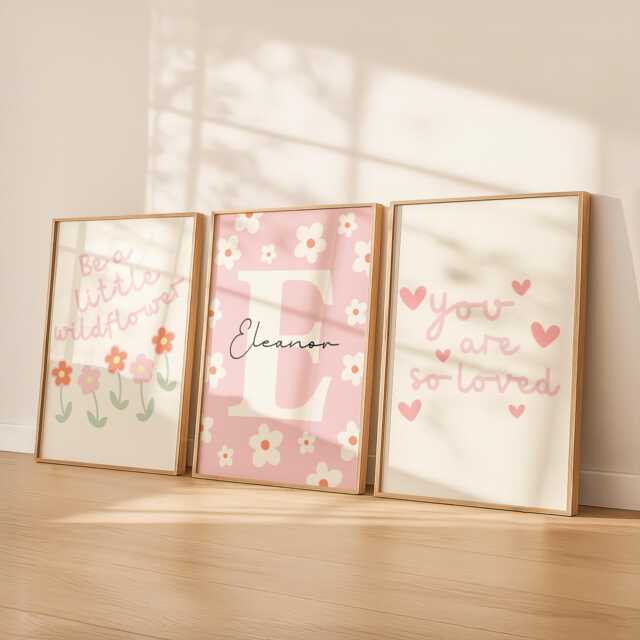 Wildflower Girl Nursery Prints, Set Of 3 Girls Room Playroom Wall Art, Motivational Quotes, Botanical, Personalised Decor - image 1
