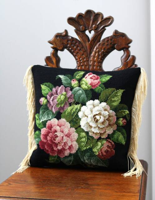Handmade Victorian-style Needlepoint Cushion With Silk Velvet Backing & Antique French Passementerie Trim - image 1