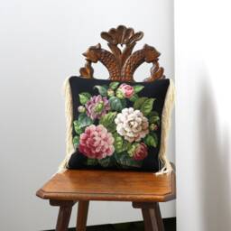Handmade Victorian-style Needlepoint Cushion With Silk Velvet Backing & Antique French Passementerie Trim - thumbnail 2